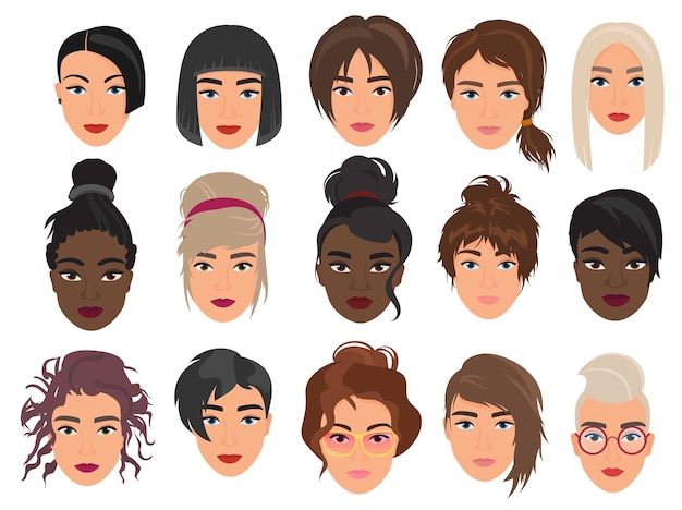 Set di personaggi di avatar di teste di donne, vari tagli di capelli moderni e alternativi alla moda