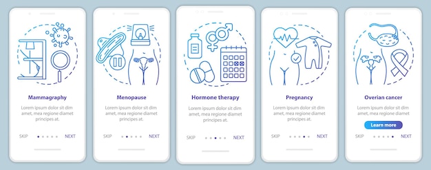 여성 의료 블루 온보딩 모바일 앱 페이지 화면 벡터 템플릿. 임신, 난소암, 갱년기. 선형 아이콘이 있는 연습 웹 사이트 단계. UX, UI, GUI 스마트폰 인터페이스 개념