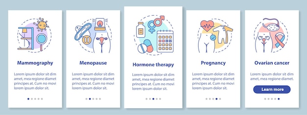 Schermata della pagina dell'app mobile per l'onboarding dell'assistenza sanitaria delle donne con concetti lineari. gravidanza, cancro ovarico, menopausa. istruzioni grafiche dei passaggi della procedura dettagliata. modello vettoriale ux, ui, gui con illustrazioni