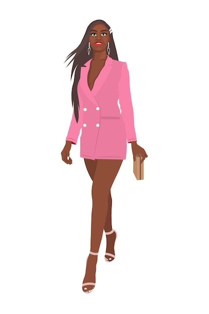 Women on high heels dressed in stylish trendy clothes  beautiful darkskinned girl model in pink blazer dress  female fashion illustration