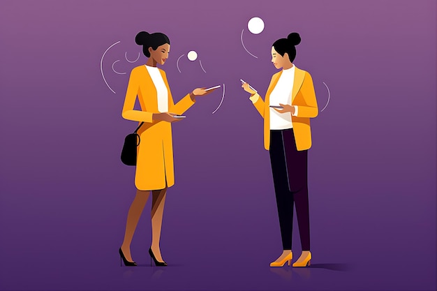 Vector women holding hands using smartphones