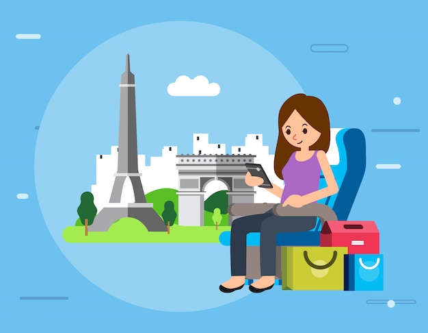 Women holding smartphone and sit on airplane seat with shopping bag beside her and world famous landmark as ,  illustration