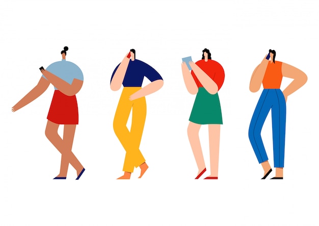 Women holding smartphones and talking. group of female cartoon characters with mobile phones. flat