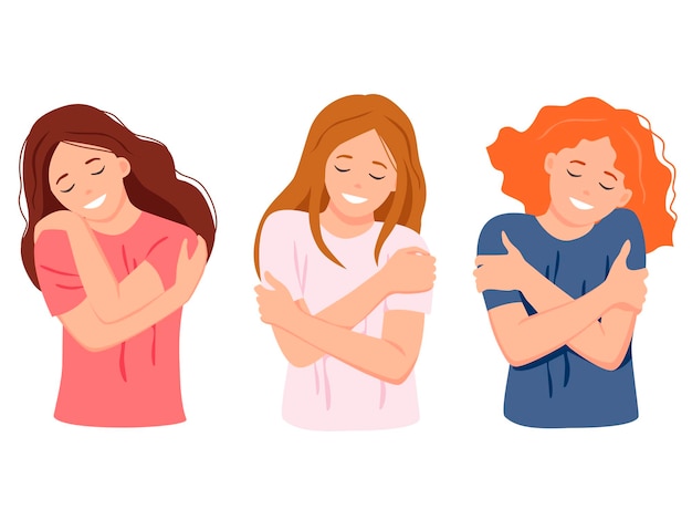 Women hugging herselfs on white background Love yourself concept Vector illustration