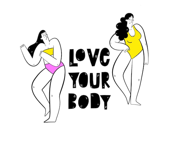 수영복을 입은 여성 여성 캐릭터 신체 긍정적인 움직임과 아름다움의 다양성 Love Your Body Concept
