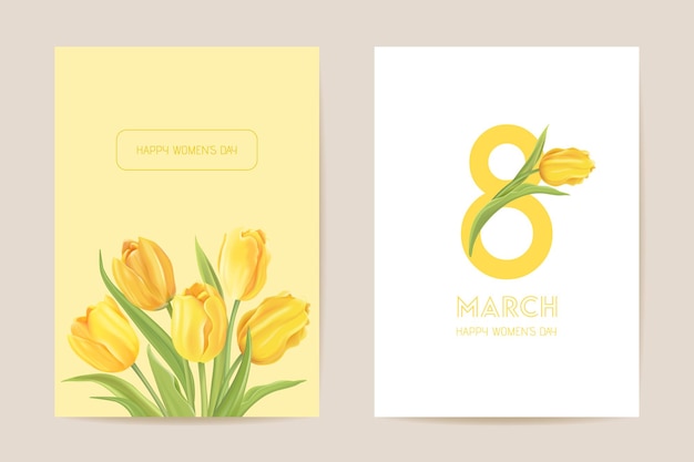 Women international day greeting. Vector floral card illustration. Realistic tulip flowers template background, spring concept, 8 march poster, luxury design flyer, party invitation, sale ad banner