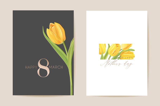 Women international day greeting. vector floral card illustration. realistic tulip flowers template background, spring concept, 8 march poster, luxury design flyer, party invitation, sale ad banner