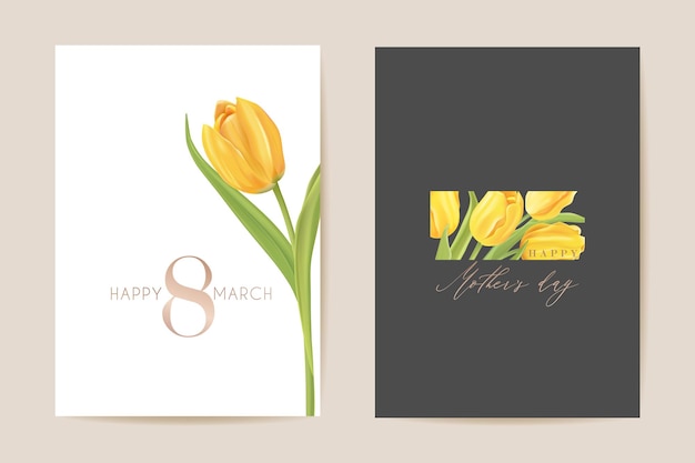 여성 국제의 날 인사말입니다. 벡터 꽃 카드 그림입니다. 현실적인 튤립 꽃 템플릿 배경, 봄 개념, 3월 8일 포스터, 고급 디자인 전단지, 파티 초대장, 판매 광고 배너