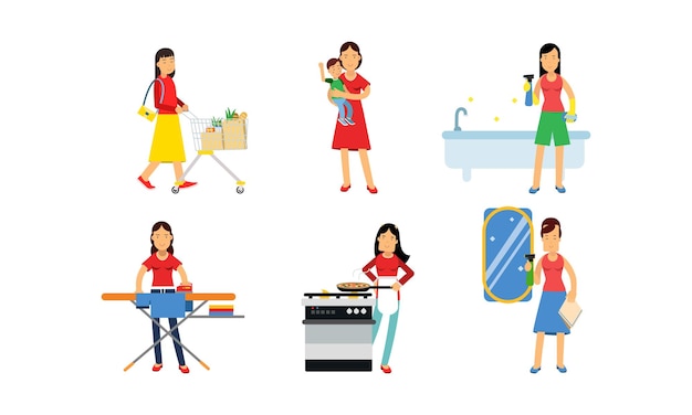 Vector women is cooking cleaning a bathtube or a mirror with a household chemicals buying grocery ironing sitting with a child superwoman concept