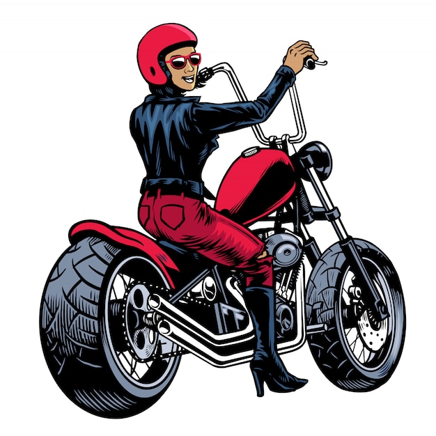 Vector women in leather jacket riding chopper motorcycle