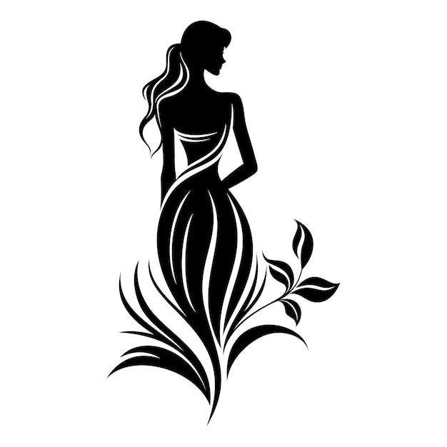 Vector women and leaves silhouette of a fashion girl in a long dress vector illustration