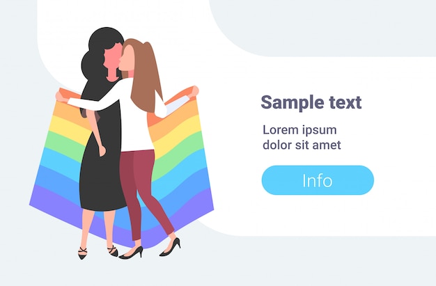 Women lesbians couple holding rainbow flag girls embracing and kissing love parade lgbt pride festival concept female cartoon characters standing together full length  horizontal copy space