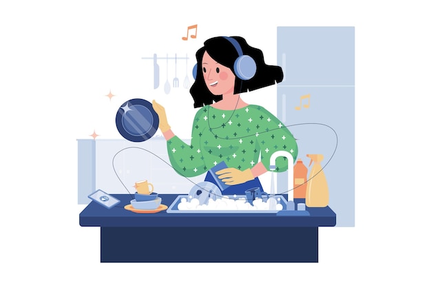 Women Listen To The Podcast While Washing Dishes