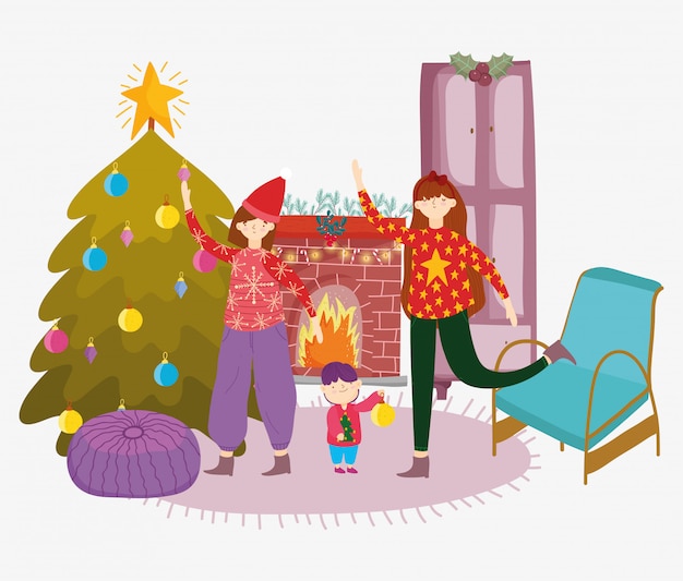 Vector women and little boy living room with tree merry christmas, happy new year