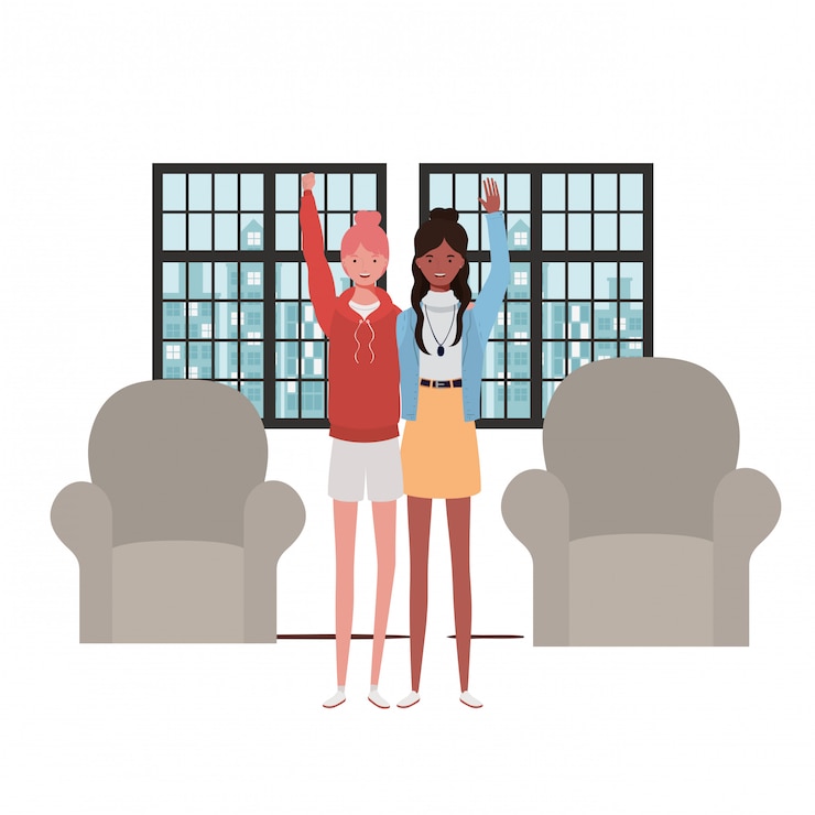 Vector women living room with view the city by window