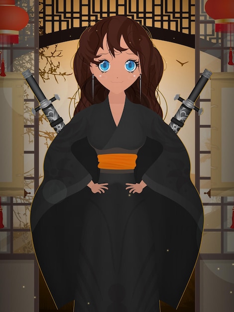 Donne in un lungo kimono di seta nera e una katana sulla schiena illustrazione vettoriale in stile cartone animato