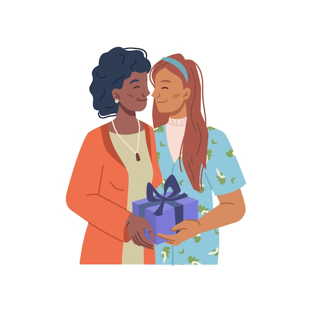 Vector women in love giving getting present gift in box