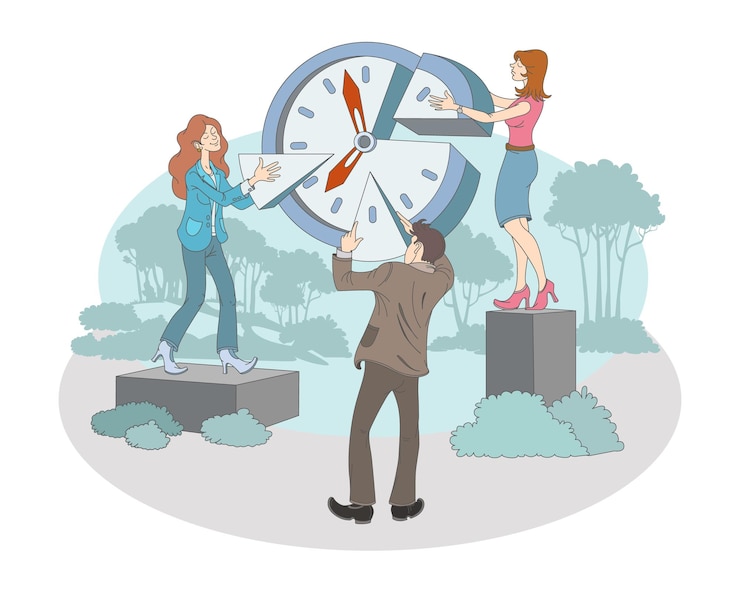 Vector women and male holding clock and share time among themselves