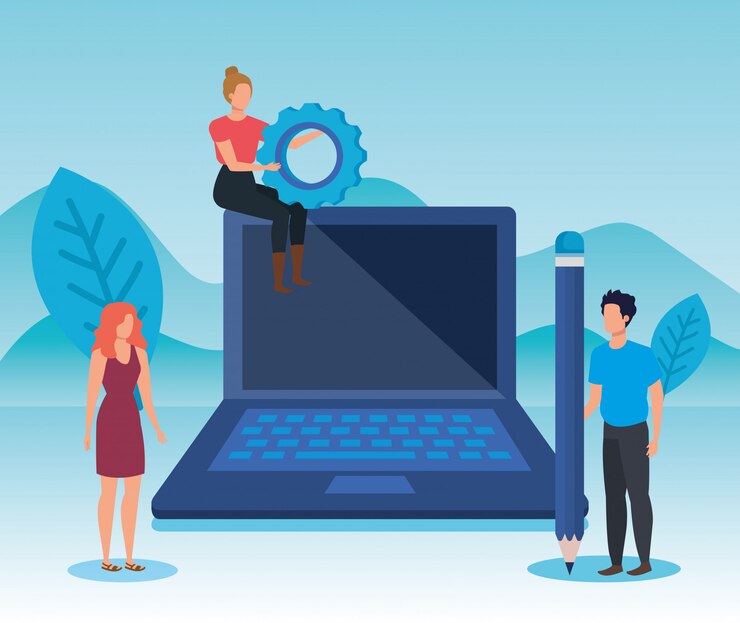 Vector women and man teamwork with laptop technology and gear