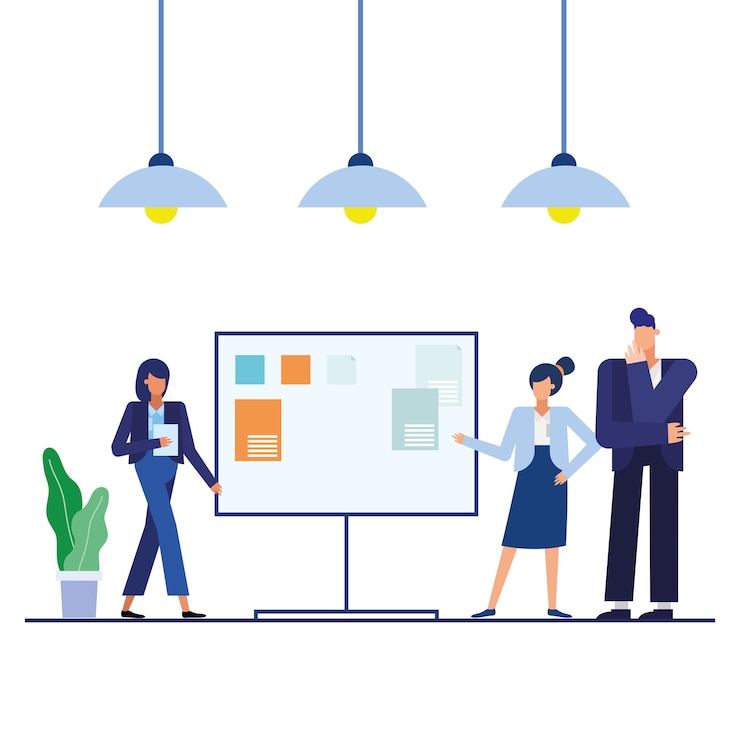 Vector women and man with board in the office design, business objects workforce and corporate theme