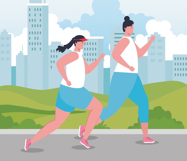 Женщины-марафонцы, бегущие на спортивных состязаниях, молодые женщины, бегущие соревнования или марафонские гонки, плакат, здоровый образ жизни и спорт