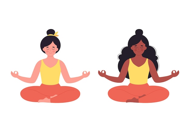Женщины медитируют в позе лотоса. Здоровый образ жизни, йога, отдых, дыхательные упражнения. Всемирный день йоги