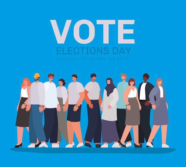 Vector women and men cartoons on blue background design, vote elections day theme.