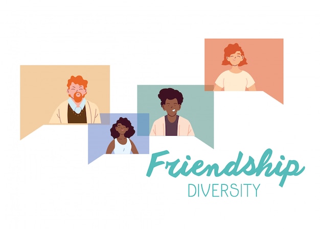 Cartoni animati per donne e uomini in bolle di design, temi di diversità culturale e di amicizia