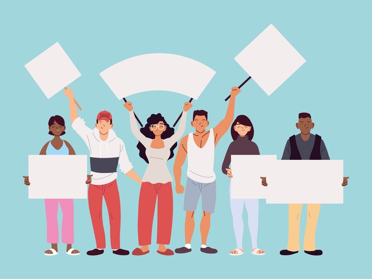 Vector women and men cartoons with banners boards, manifestation protest and demonstration theme illustration