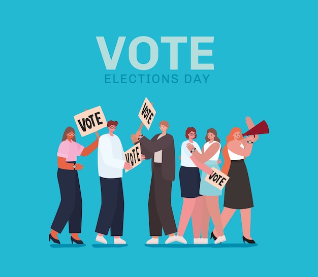 投票のプラカードと青色の背景デザイン、投票の選挙日のテーマにメガホンを持つ女性と男性の漫画。