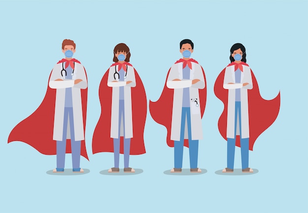 Women and men doctors heroes with cape against 2019 ncov virus design of covid 19 cov infection disease symptoms and medical theme illustration