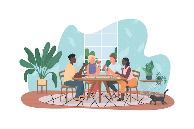 Women and men at home party flat characters on cartoon background.