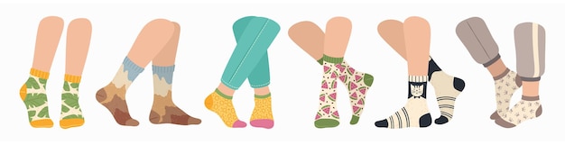 Vector women and men legs wearing fashionable socks with colorful sock with trendy pattern set