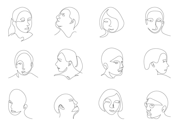 Women and men vector portrait in abstract one line style. abstract face drawn with one line