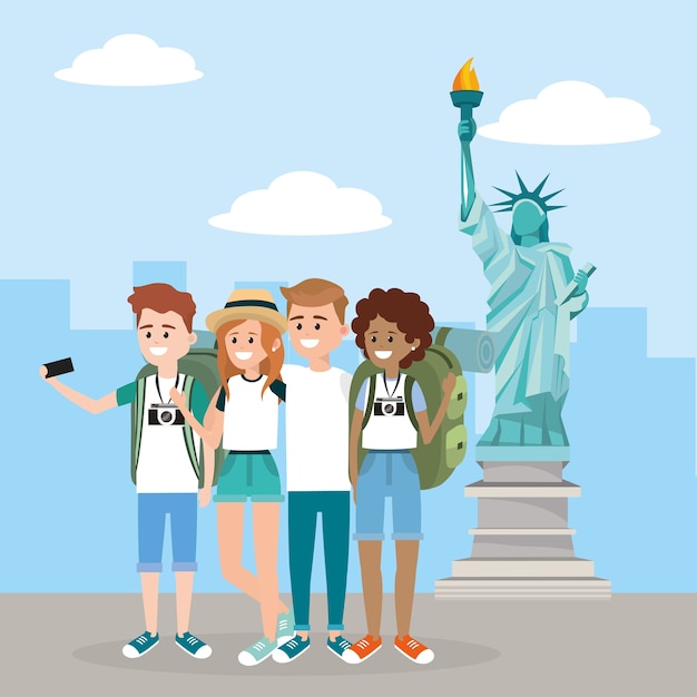 Vector women and men with smartphone in the statue of liberty