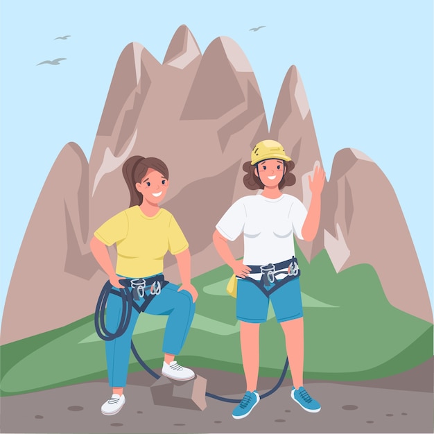 Women mountaineers flat color illustration