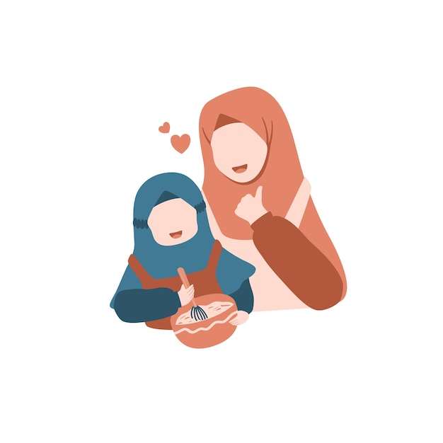 Vector women muslim mother with daughter cooking