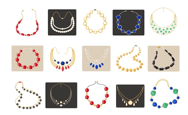 women necklace beads cartoon woman jewelry accessories fashion precious gold chain gemstones pearl diamond emerald pendant vector set