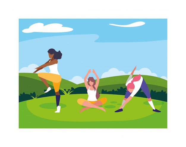 Women outdoors practicing yoga with landscape