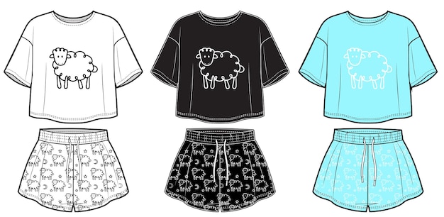 Вектор Женская пижама для сна с рисунком овец широкий топ и шорты