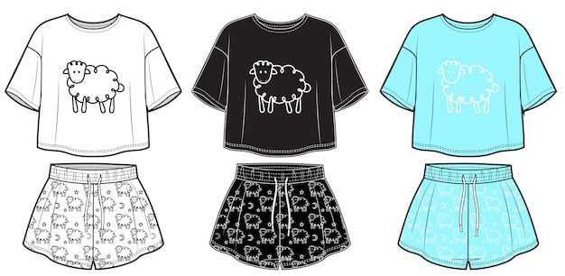 Women pajama sleepwear with sheep pattern Wide fit top and shorts