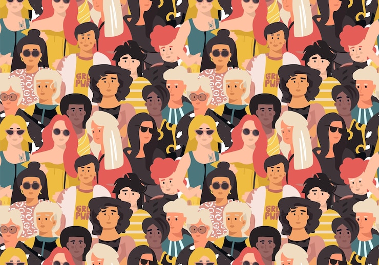 Vector women pattern. cute international girl faces, seamless sketch