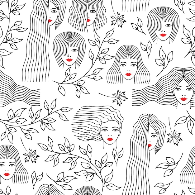 Women and plants make a seamless pattern