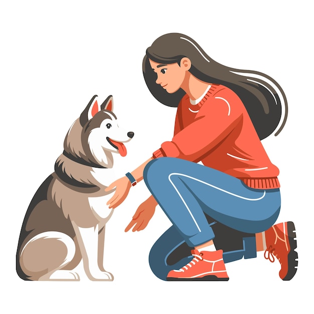 女の子が可愛いハスキー犬と遊ぶ - ベクトルイラスト