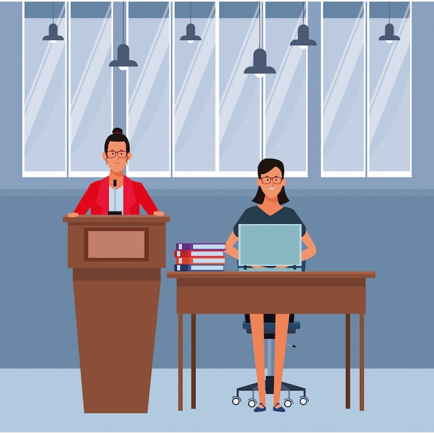 Vector women in a podium and office desk