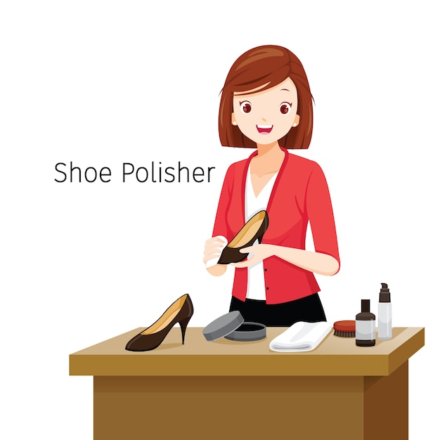 Women polishing her shoes, female shoe polisher