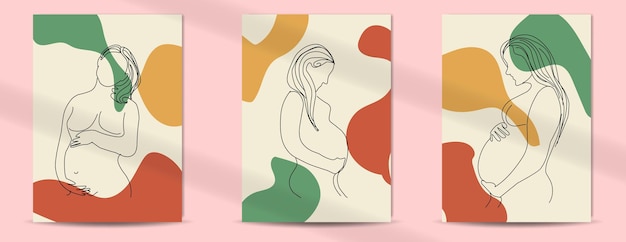 Women pregnant line art style boho poster for mother day and women day