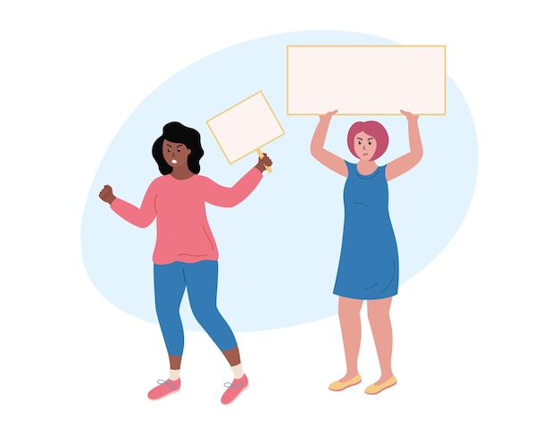 Women protest Demonstration with placards templates Angry girls holding blank protest posters in hands African american woman shoutes and raises fist Flat vector illustration