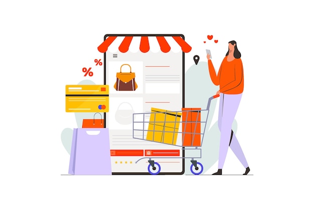 Vector women pushing cart shopping in online marketplace illustration