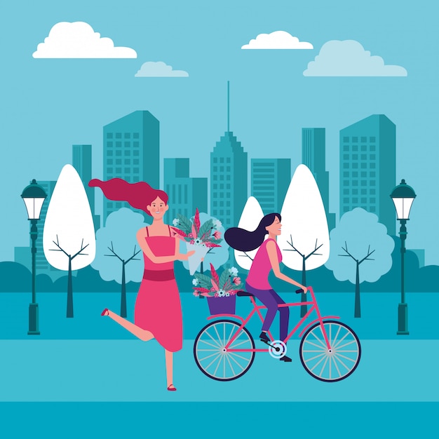 Vector women riding bike with flower